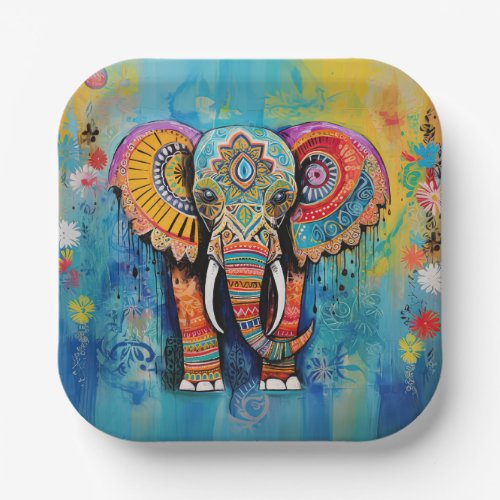 Cute Elephant Colorful Funky Mixed Media Animal Paper Plates