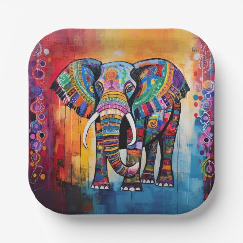Cute Elephant Colorful Funky Mixed Media Animal Paper Plates