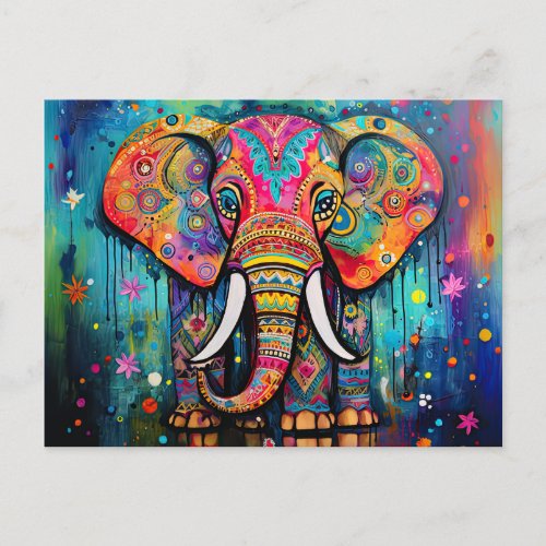 Cute Elephant Colorful Funky Mixed Media Animal Postcard