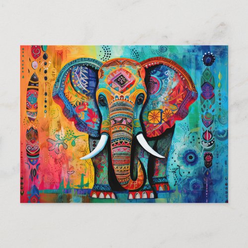 Cute Elephant Colorful Funky Mixed Media Animal Postcard