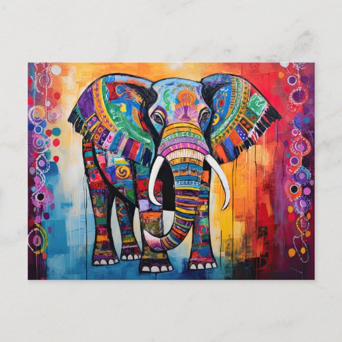 Cute Elephant Colorful Funky Mixed Media Animal Postcard