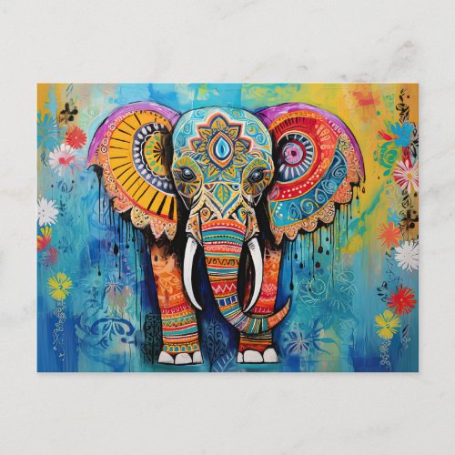 Cute Elephant Colorful Funky Mixed Media Animal Postcard