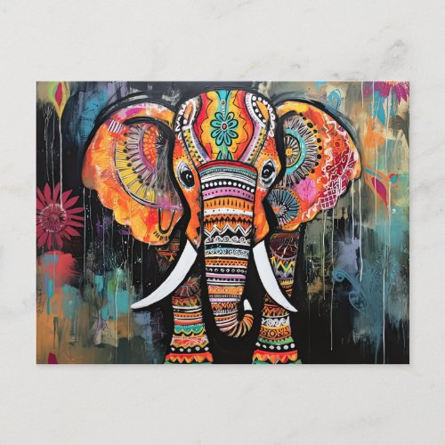 Cute Elephant Colorful Funky Mixed Media Animal Postcard