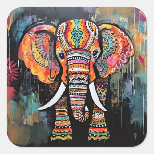 Cute Elephant Colorful Funky Mixed Media Animal Square Sticker