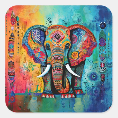 Cute Elephant Colorful Funky Mixed Media Animal Square Sticker