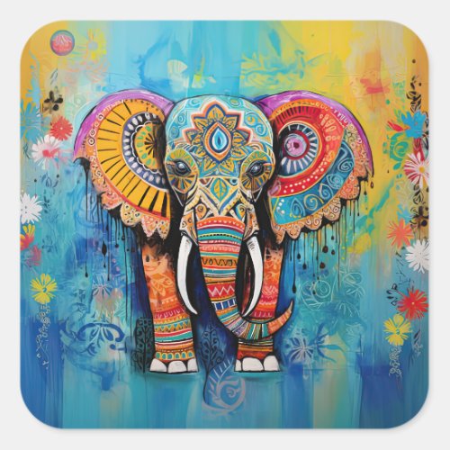 Cute Elephant Colorful Funky Mixed Media Animal Square Sticker