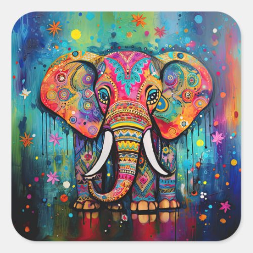 Cute Elephant Colorful Funky Mixed Media Animal Square Sticker