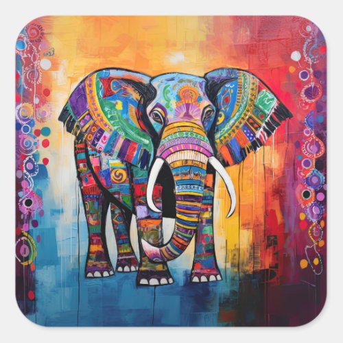 Cute Elephant Colorful Funky Mixed Media Animal Square Sticker