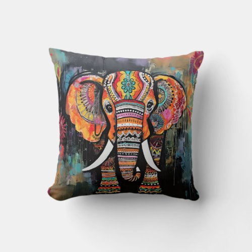 Cute Elephant Colorful Funky Mixed Media Animal Th Throw Pillow