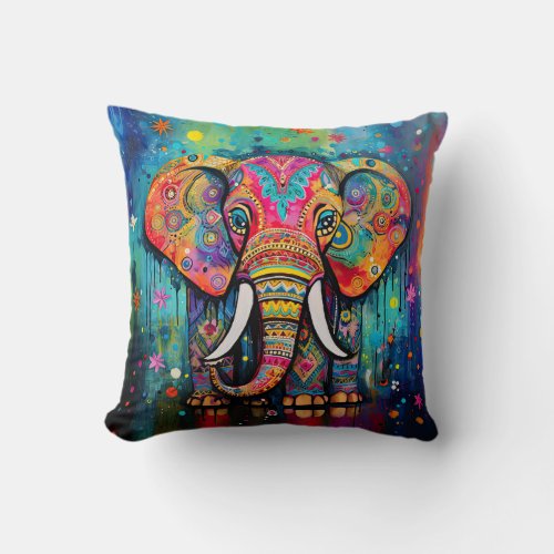 Cute Elephant Colorful Funky Mixed Media Animal Th Throw Pillow