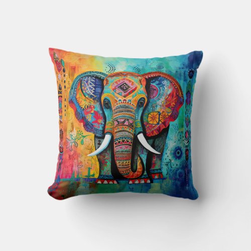 Cute Elephant Colorful Funky Mixed Media Animal Th Throw Pillow