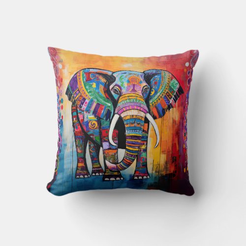 Cute Elephant Colorful Funky Mixed Media Animal Throw Pillow