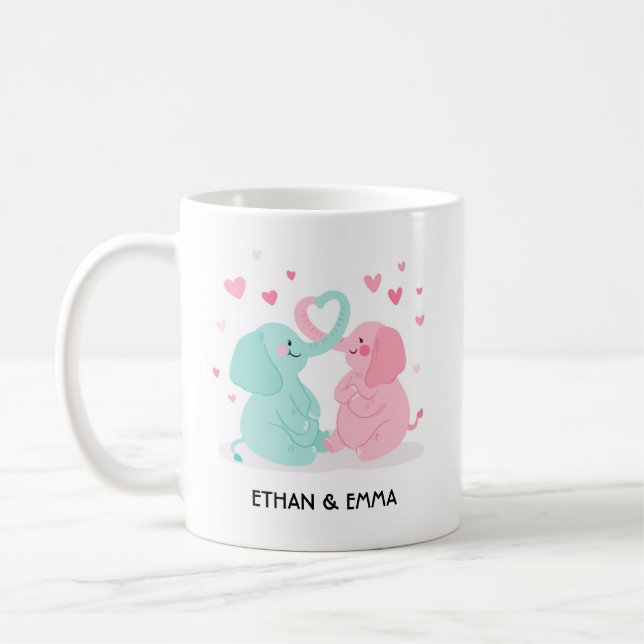 Cute Elephant Couple Personalized Valentine's Day Coffee Mug (Left)