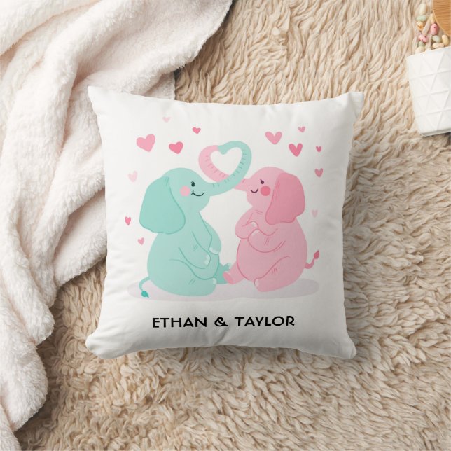 Cute Elephant Couple Personalized Valentine's Day Throw Pillow (Blanket)