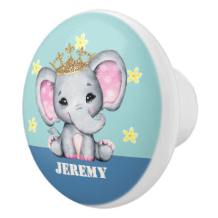Cute Elephant crown nursery style blue custom text Ceramic Knob