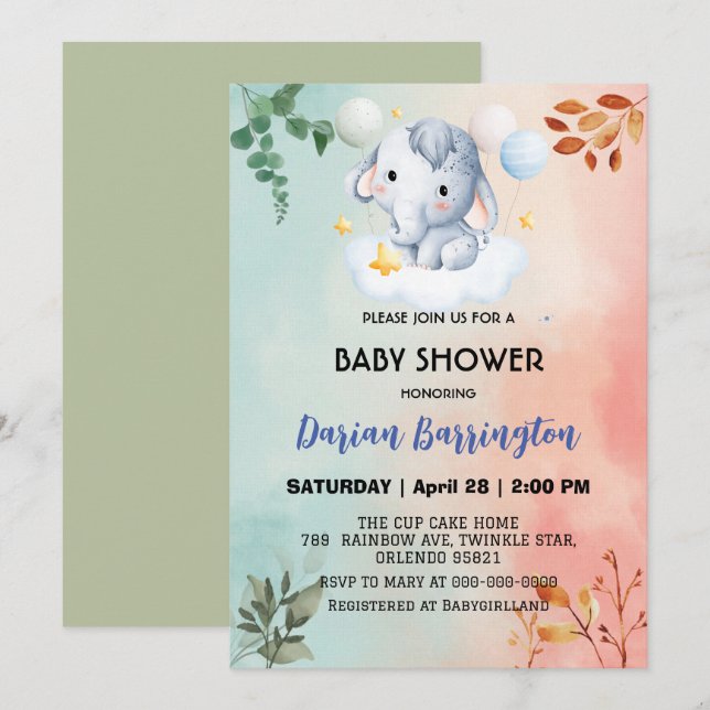 Cute elephant cub flowers baby shower kids boys invitation (Front/Back)