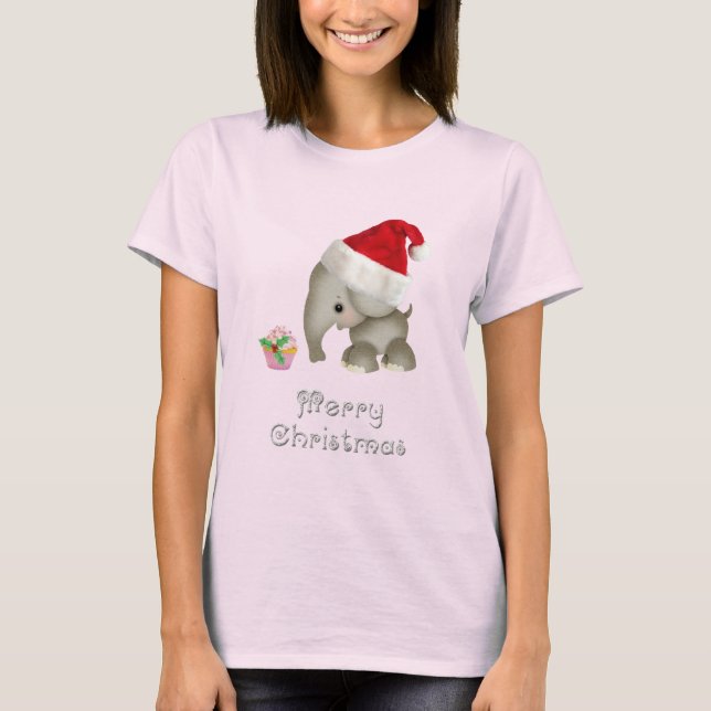 Cute Elephant & Cupcake Christmas T-Shirt (Front)