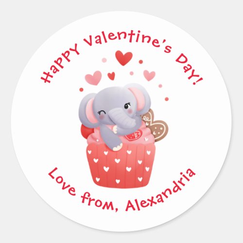 Cute Elephant Cupcake Custom Kids Valentines Day Classic Round Sticker