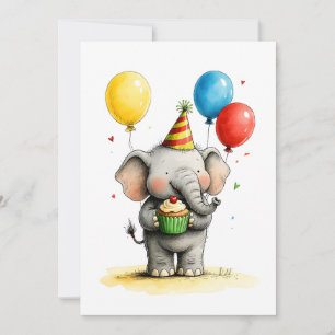 Cute Elephant & Cupcake Kid's Happy Birthday Flat Card