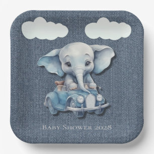 Cute Elephant Denim Vintage Car Boy Baby Shower Paper Plates