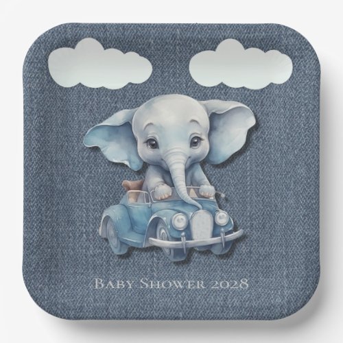 Cute Elephant Denim Vintage Car Boy Baby Shower Paper Plates