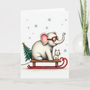 Cute Elephant Dog Sled Christmas Card Whimsical Il