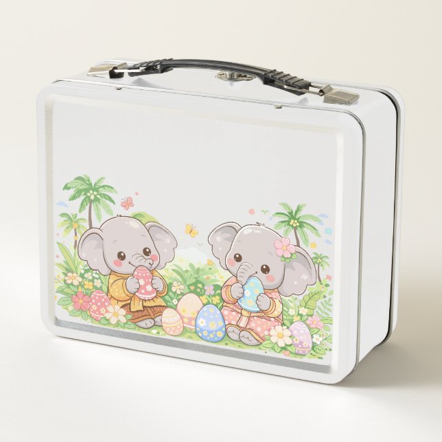 Cute Elephant Easter Illustration  Metal Lunch Box (Back)