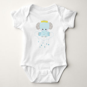 Cute Elephant, Elephant On A Cloud, Crown, Stars Baby Bodysuit