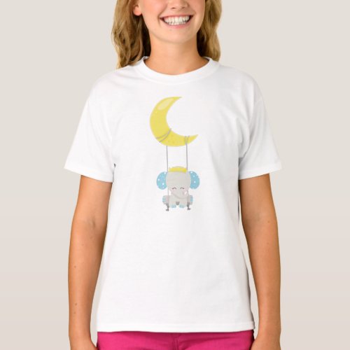 Cute Elephant Elephant On A Swing Crown Moon T_Shirt