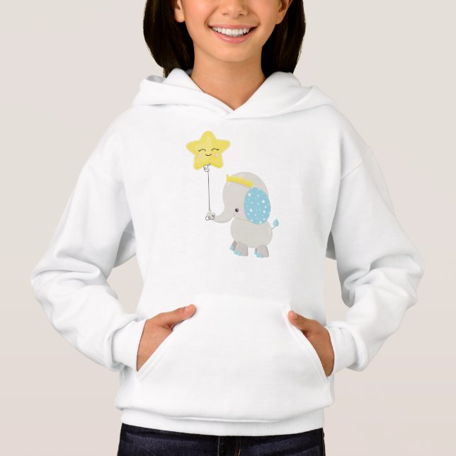 Cute Elephant, Elephant With Balloon, Crown, Star Hoodie (Front)