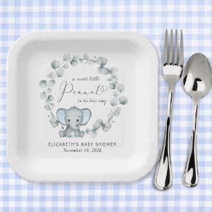 Cute Elephant Eucalyptus Baby Boy Shower Paper Plates