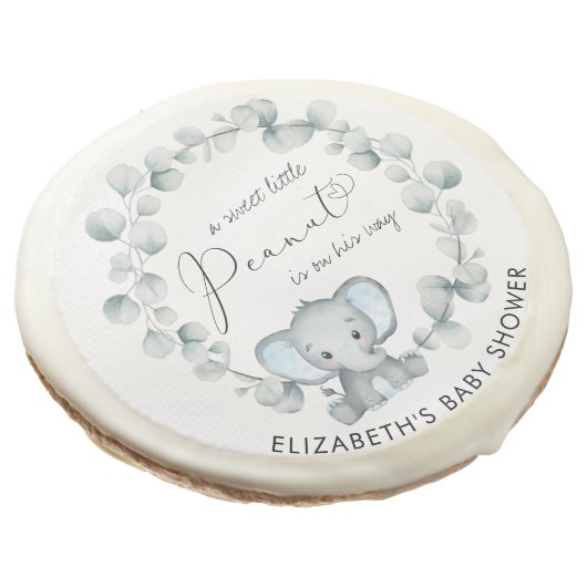 Cute Elephant Eucalyptus Baby Boy Shower Sugar Cookie (Angled)