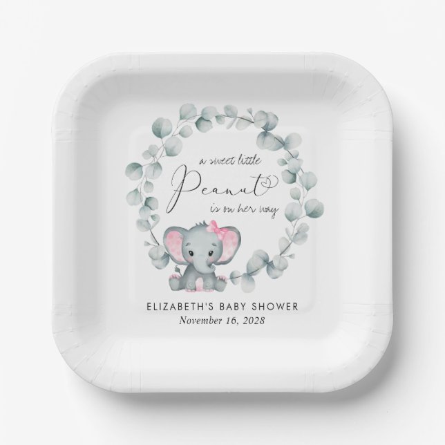 Cute Elephant Eucalyptus Baby Girl Shower Paper Plates (Front)