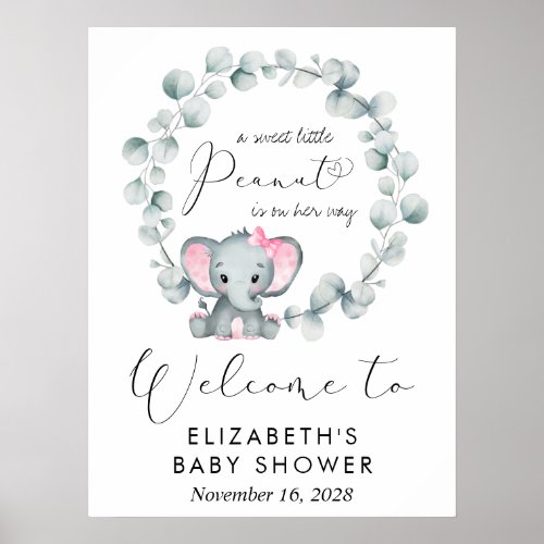 Cute Elephant Eucalyptus Baby Girl Shower Welcome Poster
