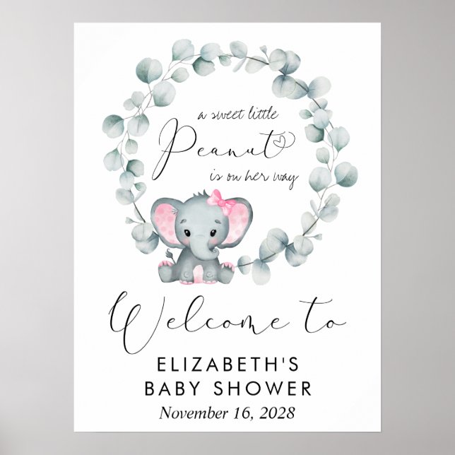 Cute Elephant Eucalyptus Baby Girl Shower Welcome Poster (Front)