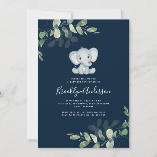 Cute Elephant Eucalyptus Baby Shower Invitation