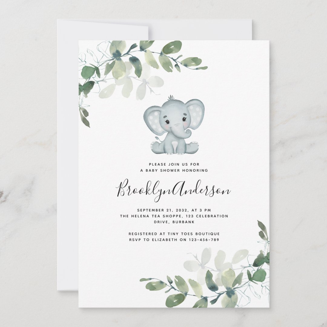Cute Elephant Eucalyptus Baby Shower Invitation | Zazzle