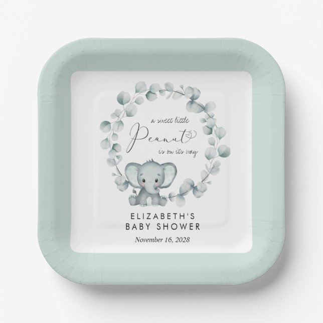 Cute Elephant Eucalyptus Baby Shower Paper Plates (Front)