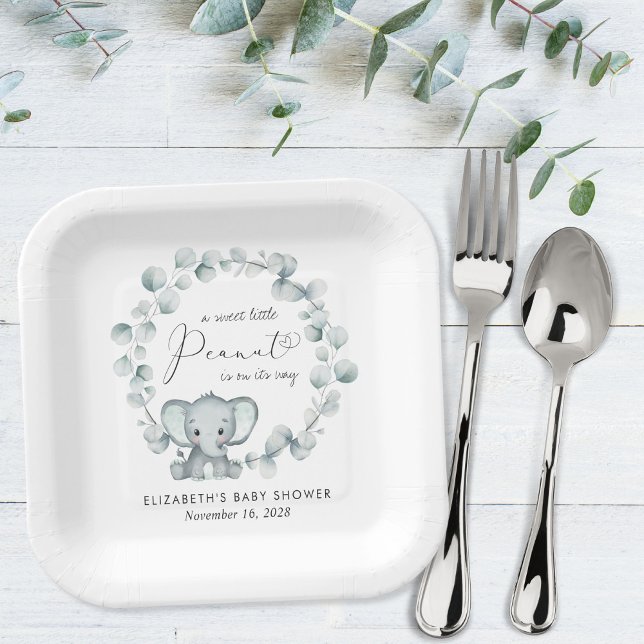 Cute Elephant Eucalyptus Baby Shower Paper Plates (Creator Uploaded)