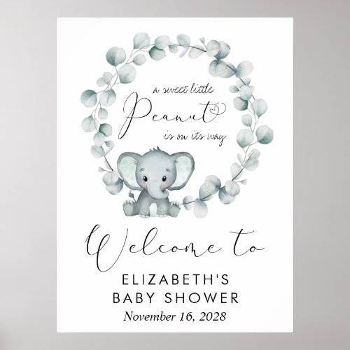 Cute Elephant Eucalyptus Baby Shower Welcome Poster