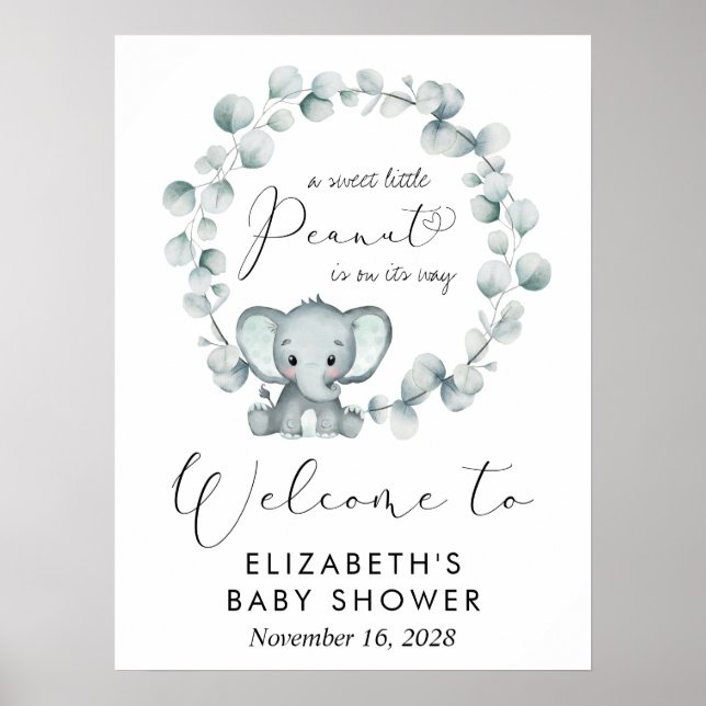 Cute Elephant Eucalyptus Baby Shower Welcome Poster (Front)