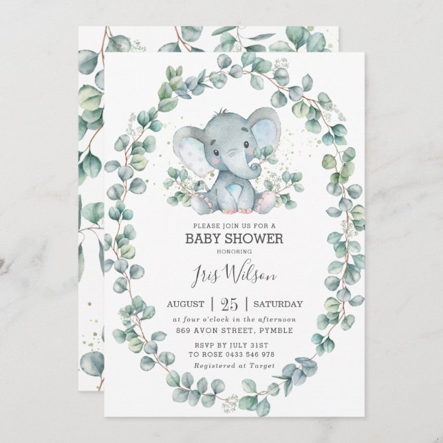 Cute Elephant Eucalyptus Greenery Baby Shower Boy Invitation (Front/Back)