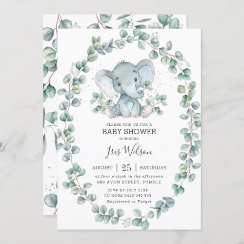 Cute Elephant Eucalyptus Greenery Baby Shower Boy Invitation
