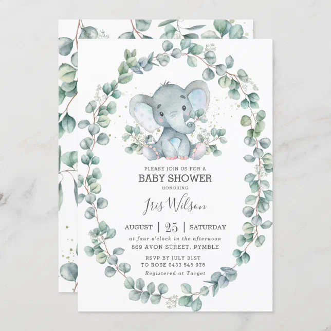 Cute Elephant Eucalyptus Greenery Baby Shower Boy Invitation | Zazzle