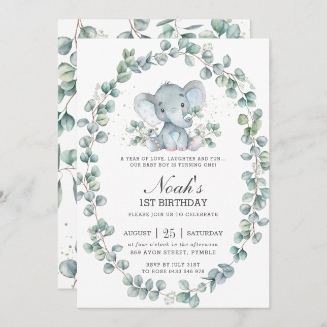 Cute Elephant Eucalyptus Greenery Birthday Boy Invitation (Front/Back)
