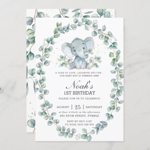 Cute Elephant Eucalyptus Greenery Birthday Boy Invitation