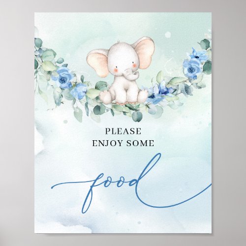 Cute elephant eucalyptus wreath blue flowers food poster