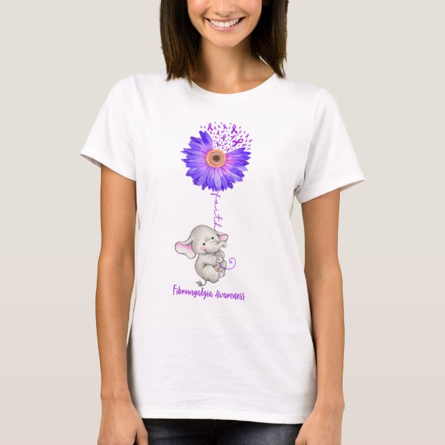 Cute Elephant Faith Love Fibromyalgia Awareness T-Shirt (Front)