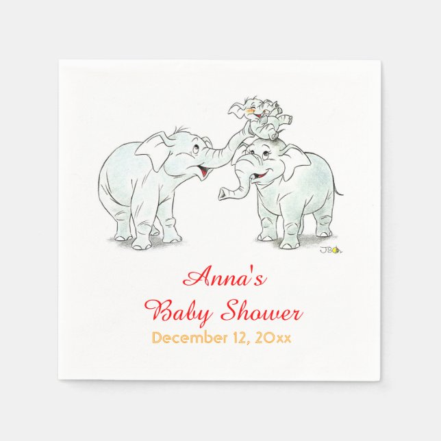 cute elephant family cartoon baby shower paper napkins (Front)