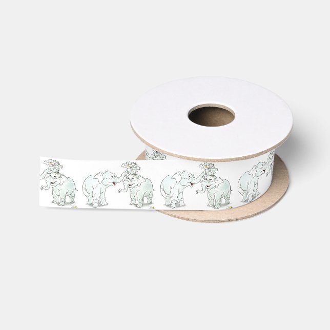 cute elephant family cartoon baby shower satin ribbon (Spool)